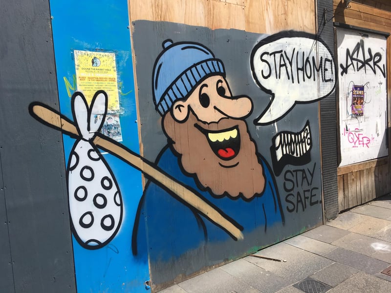Boarded up shops and pubs became canvasses for street artists.
