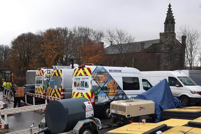 Pictured is a temporary emergency HQ for Cadent Gas and Yorkshire Water workers at Lomas Hall, Stannington, Sheffield, as they worked to resolve a burst water main crisis that has flooded gas pipes in the area and left many without heating.