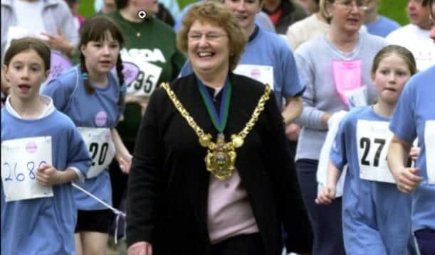 Pat Midgley pictured doing a lap of the Don Valley stadium for the Race for Life in 2016, when she was Lord Mayor of Sheffield