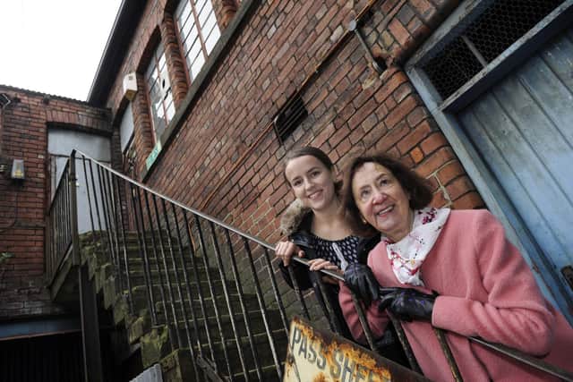Two surviving relatives of Harry Brearley(Inventor of Stainless Steel) visited the Portland Works,Randall Street,where he used to work.Pictured are Anne Brearley(Great Neice) and Hannah Brearley(Great Great Grand-Daughter)...........Pic Steve Ellis