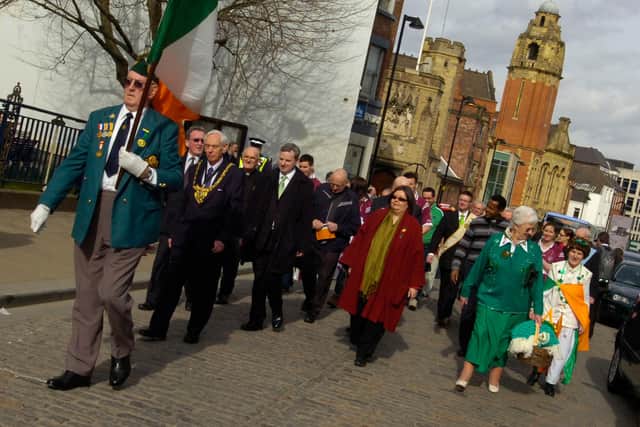 A previous St Patrick's Day Parade in Sheffield led by piper Joe McNulty which started St Marie's and finished at the town hall