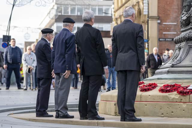 Armistice Day at Barkers Pool in Sheffield. The city centre fell quiet at 11am today for the two-minute silence for Remembrance Day.