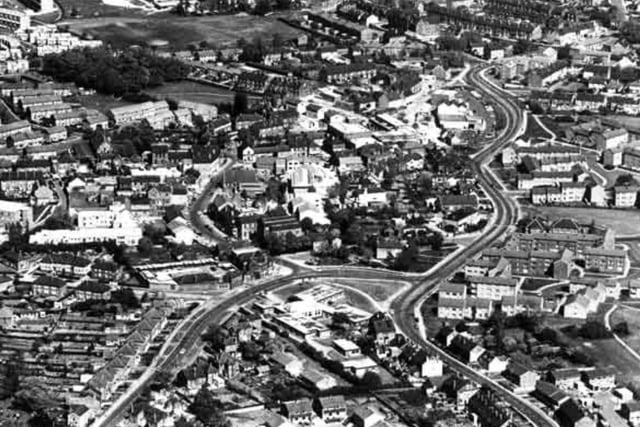 An aerial view of Woodhouse, Sheffield, in 1980, showing (left) Stradbroke Road, (right) Sheffield Road and Tannery Street, and (centre) Tannery Lodge Old People's Home.
