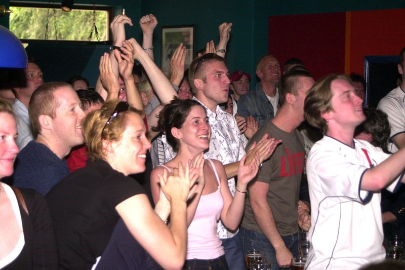 England fans in June 2002 cheer their team's second goal in the World Cup game against Denmark at the Broadfield pub, Abbeydale Road, Sheffield