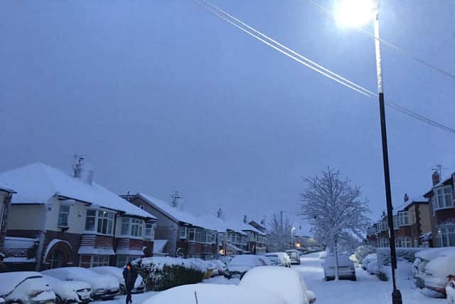 Vehicles blanketed in snow in Crosspool, Sheffield