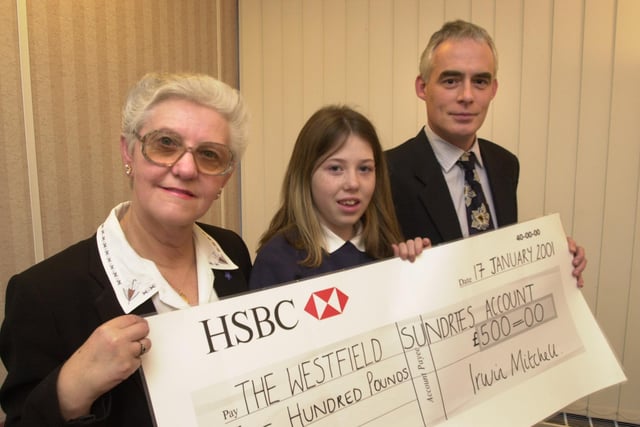 Pictured in January 2001 at the offices of  Irwin Mitchells, Hartshead, Sheffield, where Jamie Leigh Griffiths received a cheque for £500 towards her appeal. Seen is Pauline Bamford, and John Pickering of Irwin Mitchells as they handed over the cheque