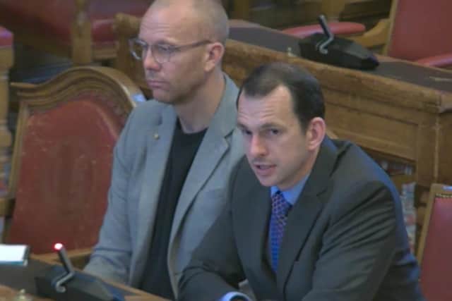 Solicitor Leigh Schelvis speaking at a meeting of Sheffield City Council's licensing sub-committee in support of a drinks licence application for Herd in Woodseats. Next to him is co-owner Robert Woolhouse