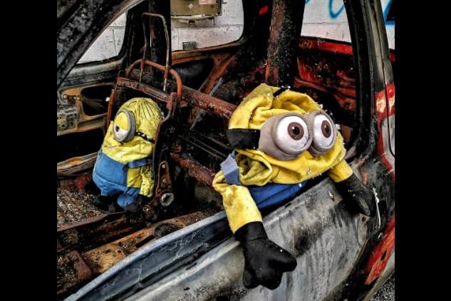 Minion figures in a car on part of the former Askern Saw Mills site