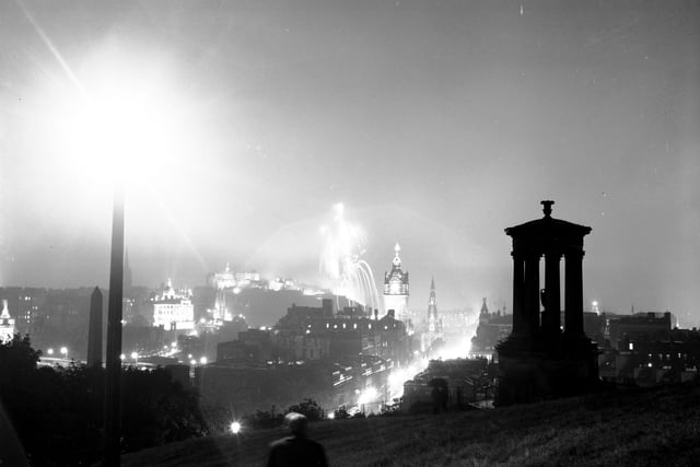 A view of the Edinburgh International Festival fireworks from Calton Hill in August 1966.