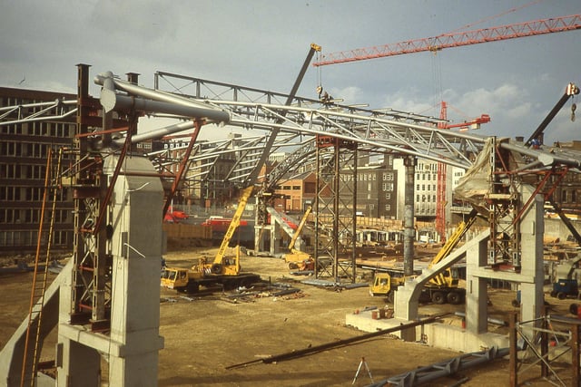 Building of Ponds Forge international swimming pool. 
Taken as part of a PhD student's work in June 1987. In University of Sheffield's JR James archive