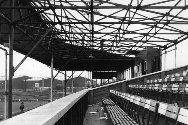Dismantling operations were well under way in this 1974 view of Simonside Hall. The main stand is reduced to a skeleton as workmen remove the roof.