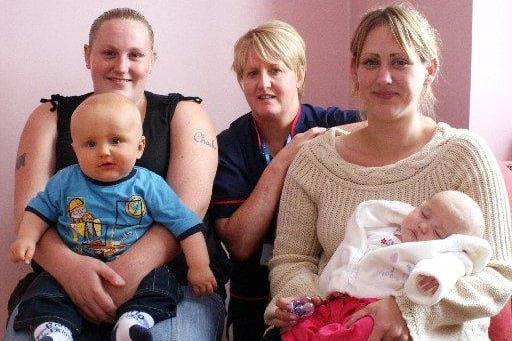 Mums Cherie Boden with Charlie Parks and Rachel Wakerley with Aimee Thraves at Darley Birth Centre with matron Fran Gregory in 2007.