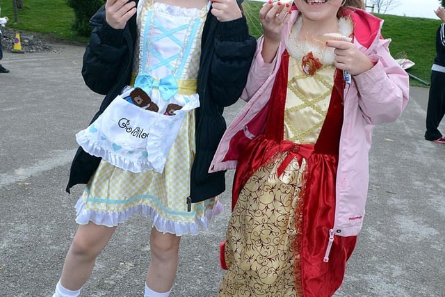 World Book Day 2014 at St John Fisher School in Hackenthorpe, Sheffield. Olivia King, left, aged eight, and Evie Stamford, aged seven, in their outfits