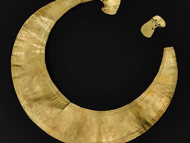 This gold collar, or lanula, was a precious symbol of power and one of the earliest metal objects found in Scotland.  Dating from between 2,300 BC to 1,900 BC, it was found at Orbliston in Moray. It was likely imported from Ireland or at least inspired by Irish design. PIC: NMS.