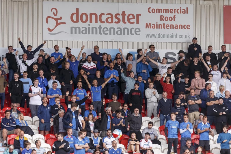 The travelling Fratton faithful make their voices heard at the Keepmoat Stadium.  Picture: Daniel Chesterton/phcimages.com