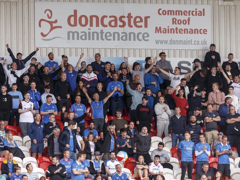 The travelling Fratton faithful make their voices heard at the Keepmoat Stadium.  Picture: Daniel Chesterton/phcimages.com