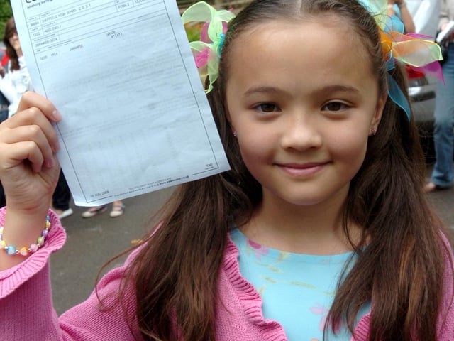 Emily Hogg (10) celebrates getting an A* GCSE in Japanese at Sheffield High School in August 2008