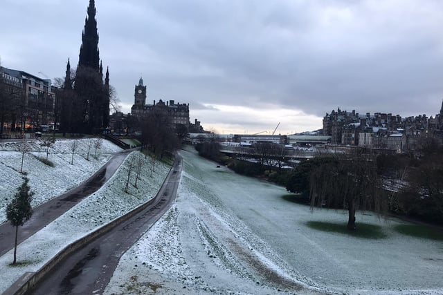 Meanwhile, in the shadow of the Castle, the grass in Princes Street Gardens was covered in frost.