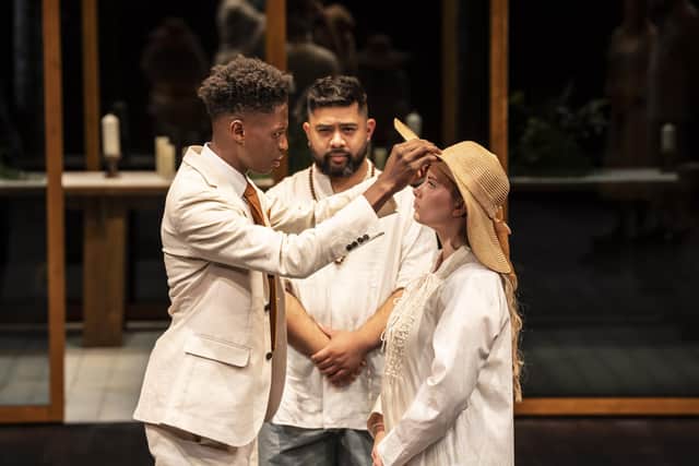 Taku Mutero (Claudio), Richard P. Peralta (Friar) and Claire Wetherall (Hero) in Much Ado About Nothing. Photo by Johan Persson