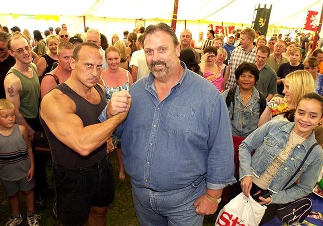 Gladiator Wolf and strongman Geoff Capes visiting The Star stand at the Sheffield Show in Graves Park, August 27, 2001
