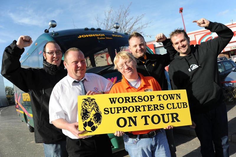 Worksop Town supporters bus driver Mark Roddy with fans Matthew Sellars, Zoe Wragg, Chris Cocking and Neal Newcombe back in 2010.