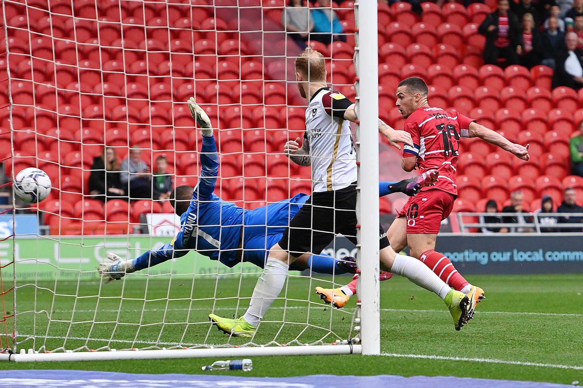Tommy Rowe thinks he has given Rovers the lead only to see his goal chalked off for a foul. Picture: Howard Roe/AHPIX