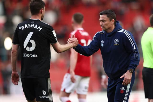Paul Heckingbottom with Sheffield United defender Chris Basham at Ashton Gate: Darren Staples / Sportimage