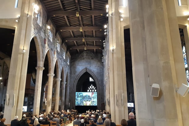 Crowds of mourners from Sheffield gathered at the city's Cathedral today to watch the Queen's funeral in a setting with appropriate grandeur.