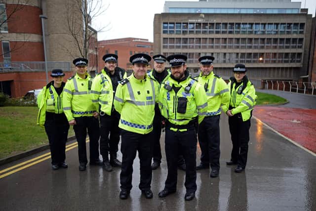 Inspector John Mallows, Neighbourhoods Inspector for Sheffield Central and Inspector and Kevin Smith, Neighbourhoods Inspector for Sheffield N/W, pictured with members of the Sheffield Central Neighbourhoods team. Picture: NSST-28-02-20 SnigHillPoliceTeams 1-NMSY