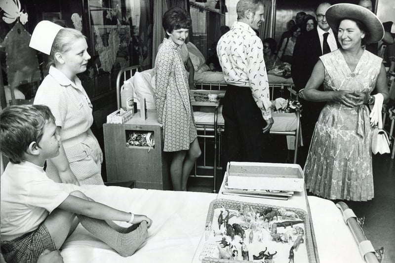 Staff introduce patient Peter Beer, aged 6, of the Manor, Sheffield, to Princess Margaret during a tour of Sheffield Children's Hospital in 1976
