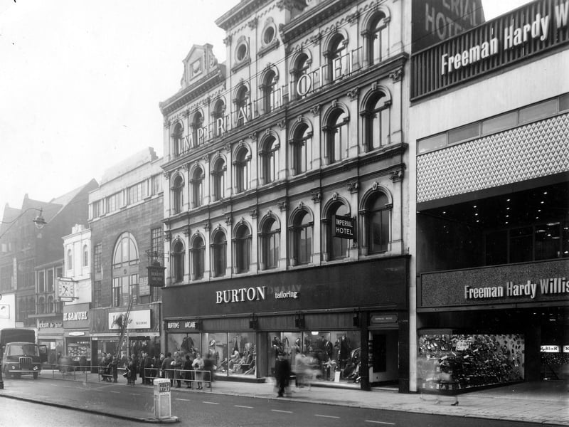 The Imperial Hotel above Burton Tailoring on Briggate, Leeds. The hotel was demolished in 1961, with a new Burton store built on the site. Other businesses pictured include Freeman Hardy Willis, John Collier Tailoring, H Samuel Jewellers and Jackson the Tailor.