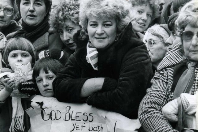 Crowds welcome Princess Diana on a visit to Sheffield on March 15, 1984. Yvonne Byrne of Walkley is pictured with her Dialect Poem in the crowd outside the Town Hall