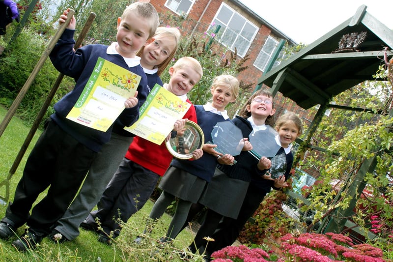 Spire Infant School Chesterfield in Bloom winners, gardening team l-r: Hayden Leadbeater, Melody Watson, Alex Chauntry, Holly Bentley, Katie Wigston, and Holly Cocker.