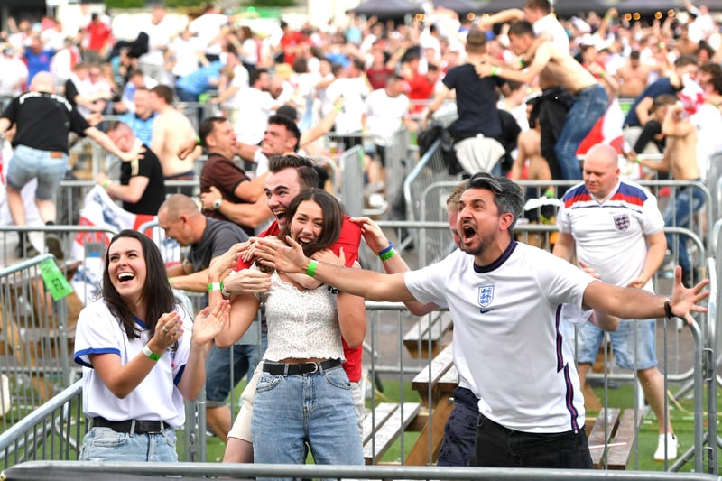 Fans in Manchester are all smiles as England's next match will be played at 8pm on 3 July in Rome, Italy, and will be the first time in the tournament that England have to play a game away from Wembley Stadium (Anthony Devlin/Getty Images)