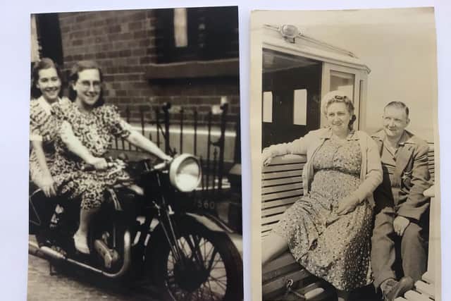 Left, Bill Betts' Nan and Aunty Dolly on his father's motorbike in James Street, Darnall in 1940. Right, Bill's Nan & Grandad in Torquay, 1949