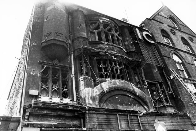 The ruined facade of the Classic Cinema, Fitzalan Square, after the fire in February 1984