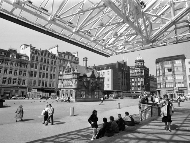 The scene at the entrance to the new St Enoch Centre, May 1990.