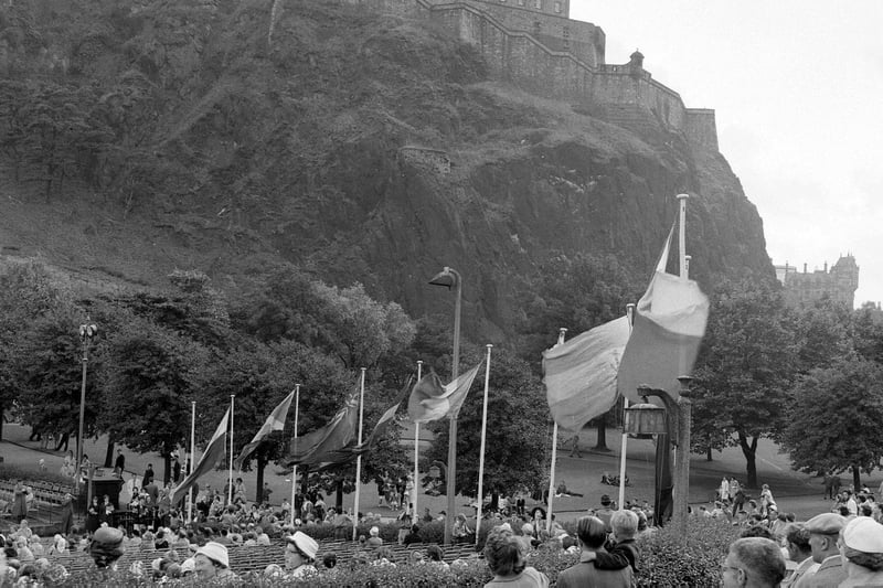 Edinburgh Festival 1961 opening and Flags of All Nations in Princes Street Gardens.