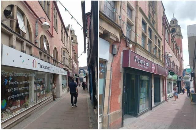 Shop fronts on Chapel Walk, Sheffield that are part of  the Victoria Hall building, which is receiving funding to help revitalise the area. Pictures: Sheffield City Council