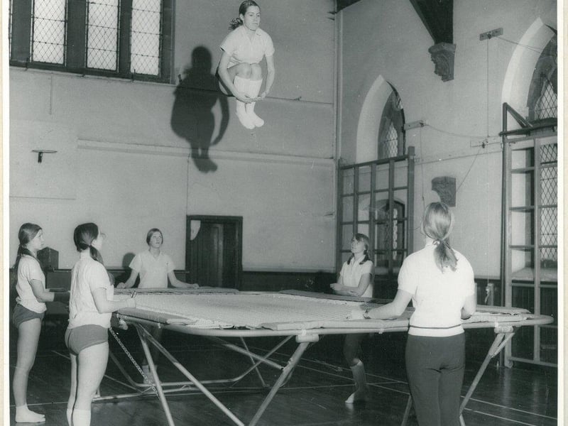 Trampolining with Mrs Rankin at Sheffield High School gym in 1980