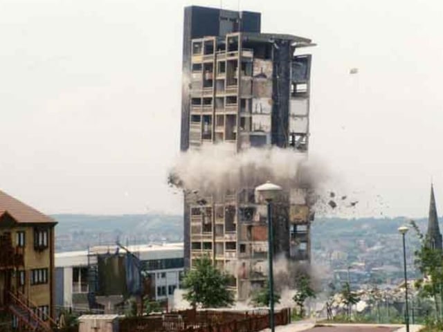 Sheffield's Hyde Park Flats are brought crashing down in a cloud of dust in 1993
