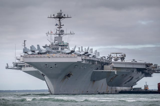 The US warship USS Harry S. Truman anchored in The Solent on October 8, 2018 near Portsmouth. The nuclear powered aircraft carrier, named after the 33rd US President with a crew of more than 5,000, had been at sea since August.