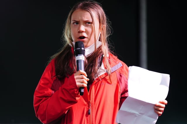 Greta Thunberg speaking in George Square as part of the Fridays for Future Scotland march during COP26.