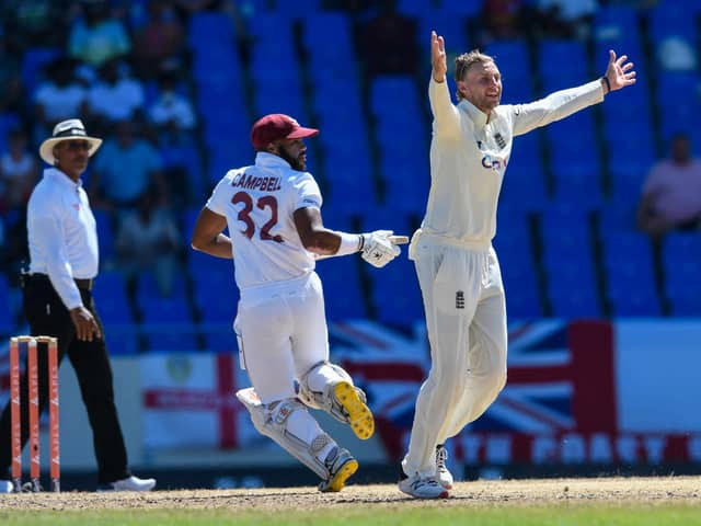 England captain Joe Root appeals for the wicket of John Campbell during their drawn first test with the West Indies in Antigua.
