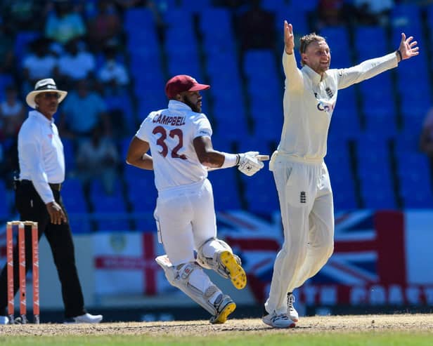 England captain Joe Root appeals for the wicket of John Campbell during their drawn first test with the West Indies in Antigua.