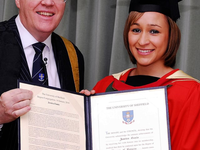 Athlete Jessica Ennis who received an honorary degree from the University of Sheffield in 2010, pictured with Vice Chancellor Prof Keith Burnett.