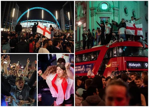 England fans celebrated into the night after beating Denmark in the Euro 2020 semi-final (PA and Getty Images)