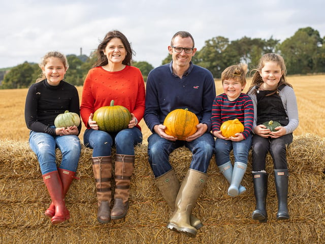 Lucy Calder, her husband Russell, and their three kids, Maisie (11), Louisa ( 9 ) and Charlie (4) from Kilduff Pumpkin farm in East Lothian
