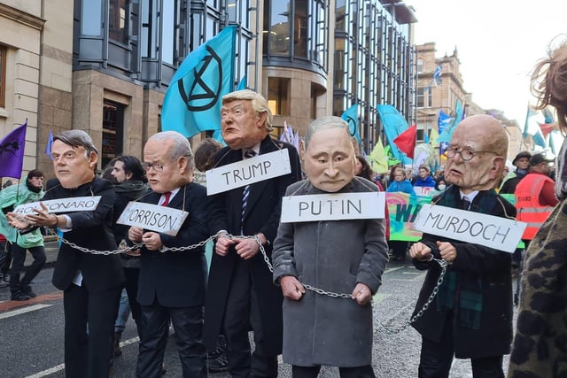 Activists dressed up as world leaders: Trump, Putin, Murdoch, Bolsonaro and Morrison.