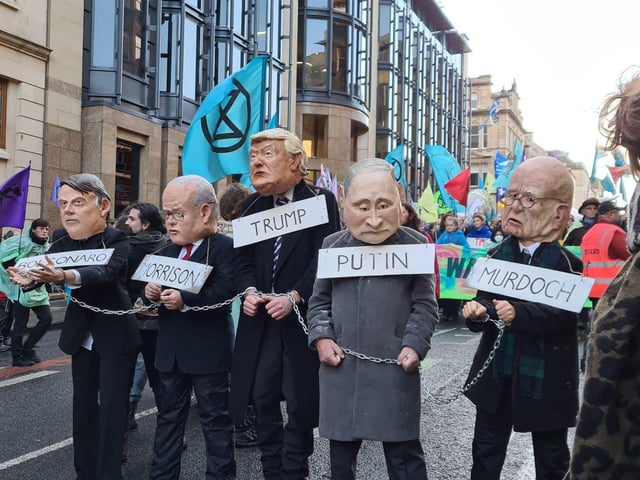 Activists dressed up as world leaders: Trump, Putin, Murdoch, Bolsonaro and Morrison.